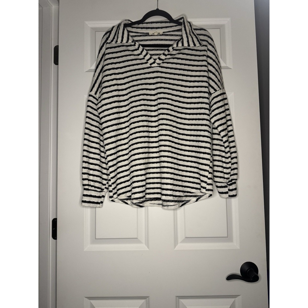 Salt Bit V Neck Pullover Collared Sweater Cotton Blend Large White Black Stripe
